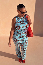 Blue Sun Tank Top with hand-painted sun and swirl motifs, styled as a matching jersey co-ord set.