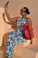 Blue Sun Tank Top and matching trousers in a hand-painted sun print jersey co-ord, styled on a model.