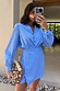 Blue Stripe Mini Miley Shirt Dress with silver stud embellishments and a wrap tie fastening, designed in London.