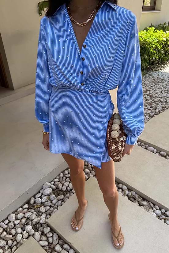 Blue Stripe Mini Miley Shirt Dress with silver stud embellishments and a wrap tie front.