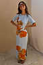 Thumbnail for Ice Blue Floral Rib Dress with a bold orange floral print, short sleeves and maxi length in ribbed fabric.