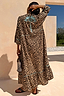 Thumbnail for Longline Leopard Kimono with blue palm motif and contrast whipstitch detailing, seen from the back.