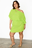 Lime Plisse Mini Tilly Dress with gold foil detailing and an asymmetric neckline on a model.