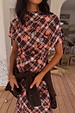 Chocolate Check Floral Top with a high neck and draped sleeves, featuring a floral check print and ruched detailing.