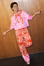 Thumbnail for Petite Red Bandana Wide Leg Trousers with pink hems and white paisley print, styled as a soft knit co-ord.