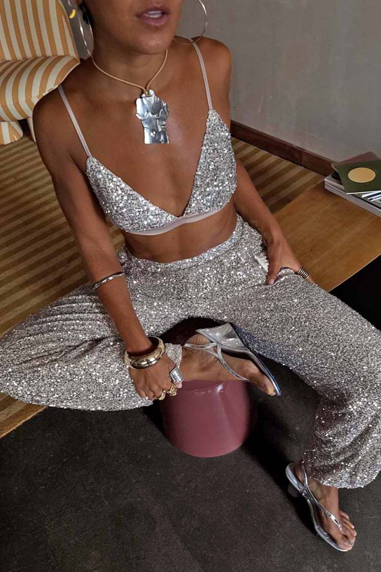 Silver Sequin Bra with adjustable straps, styled with matching trousers for a coordinated party look.
