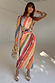 Thumbnail for Sunset Stripe Mesh Midi Dress in a multicoloured silky mesh with a wrap tie waist and long sheer sleeves.