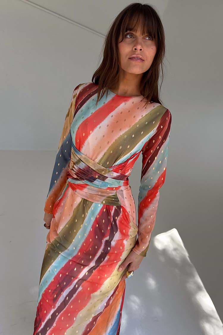 Sunset Stripe Mesh Midi Dress