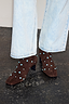 Thumbnail for Chocolate Studded Suede Boots in brown suede with turquoise studs, a square toe and block heel, worn with light jeans.