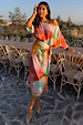 Multi-coloured abstract scarf, designed in London and styled as a multi-wear look on a 5ft7” model wearing size S/M.