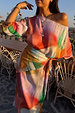 Multi-wear Abstract Scarf styled as a waist tie on a matching dress to create a colourful dopamine dressing look.