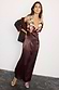 Chocolate Beaded Allegra Dress with a multi-coloured beaded bodice and glossy brown satin midaxi skirt.