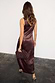 Thumbnail for Chocolate Beaded Allegra Dress in glossy brown satin with a V-back, styled with a matching beaded clutch.