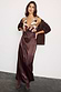 Thumbnail for Chocolate Beaded Allegra Dress with a multi-coloured beaded bodice and satin skirt, styled with a brown blazer.