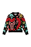 Thumbnail for Amara Hollie Cardigan in black knit with iconic heart and eye motifs, pink flowers and a button-up front.