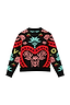 Black Amara Hollie Cardigan showing a large red heart, pink floral motifs and a teal eye on the back of the knit.