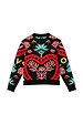 Black Amara Hollie Cardigan showing a large red heart, pink floral motifs and a teal eye on the back of the knit.