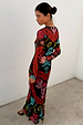 Black Amara Mesh Dress with colourful hand-painted motifs and long sleeves, featuring a stretchy midaxi silhouette.