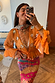 Thumbnail for Apricot Embellished Top with a deep V-neckline, tie waist, and frill sleeves featuring mirror and bead embroidery details.