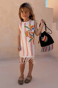 Girl's Banana Jersey Cotton Dress in cream with vertical orange stripes, a colourful banana print and fringe hem.