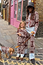 Thumbnail for Chocolate Bandana Wide Leg Trousers in a matching brown and blue knit co-ord on a woman, child, and dog.