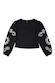 Black cotton Enchanted Lillie Top with white sun embroidery on blouson sleeves and back button fastening.