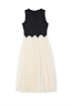 Thumbnail for Black and Cream Monika Dress back view with a scalloped waist and cream pleated tulle mesh midi skirt.