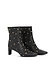 Black leather boots with all over gold studs, featuring a square toe, thin block heel, and back gold zip fastening.