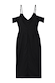 Black Cassie Dress in a heavy linen blend with off-the-shoulder sleeves and adjustable straps in a midi length.
