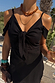 Black Cassie Dress featuring a tie-front bust and off-the-shoulder silhouette in a heavy linen blend.