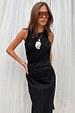 Black Ribbed Tank styled with a denim Jaspre skirt, featuring a soft stretch fabric and embroidered logo.