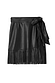 Black vegan leather mini Jaspre wrap skirt featuring fringe detailing on the hem and side tie fastening.