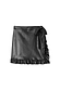 Black vegan leather mini Jaspre wrap skirt with a ruffle trim and adjustable tie fastening.