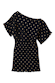 Black Plisse Mini Tilly Dress with gold metallic dots, an off-the-shoulder neckline and lettuce trims.