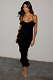 Black Molly Midi Dress featuring tiered ruffles on the neckline and skirt with thin adjustable straps.