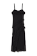 Black Molly Dress featuring tiered ruffles on the neckline and skirt, with spaghetti straps and a side slit.