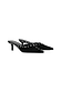 Black suede mules with silver stud detailing, scallop edging and a pointed toe on a low kitten heel.