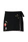 Thumbnail for Black Night Garden Mini Wrap Skirt in soft knit with celestial motifs, contrast pink blanket stitching and side wrap tie.