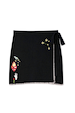 Black Night Garden Mini Wrap Skirt in soft knit with celestial motifs, contrast pink blanket stitching and side wrap tie.
