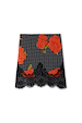 Black Poppy Mini Maeva Skirt with red poppy floral print, white polka dots and a black lace border.