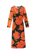 Black Poppy Aria Mesh Dress featuring bold red blooms on sheer black mesh with long sleeves and a midi cut.