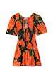Black Poppy Mini Nara Dress with an iconic orange poppy print, shirred bodice and tie neck detail.