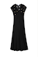 Black Crochet Shell Elodie Dress with a crochet knit top, gold shell details and a satin skirt.