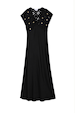 Black Crochet Shell Elodie Dress with a crochet knit top, gold shell details and a satin skirt.