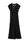 Black Elodie Dress featuring a crochet bodice with gold shell embellishments and a flowing, sleek skirt.