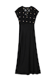 Black Elodie Dress featuring a crochet bodice with gold shell embellishments and a flowing, sleek skirt.