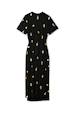 Black Shell Midi Leia Dress featuring a gold shell print, short sleeves and a wrap tie waist.