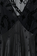 Black Swallow Romance Emma Dress highlighting the contrast between sheer devore mesh and satin with swallow prints.