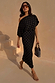 Black Tilly Dress with gold foil flecks in a plisse fabric, featuring an off-the-shoulder style and lettuce hem.