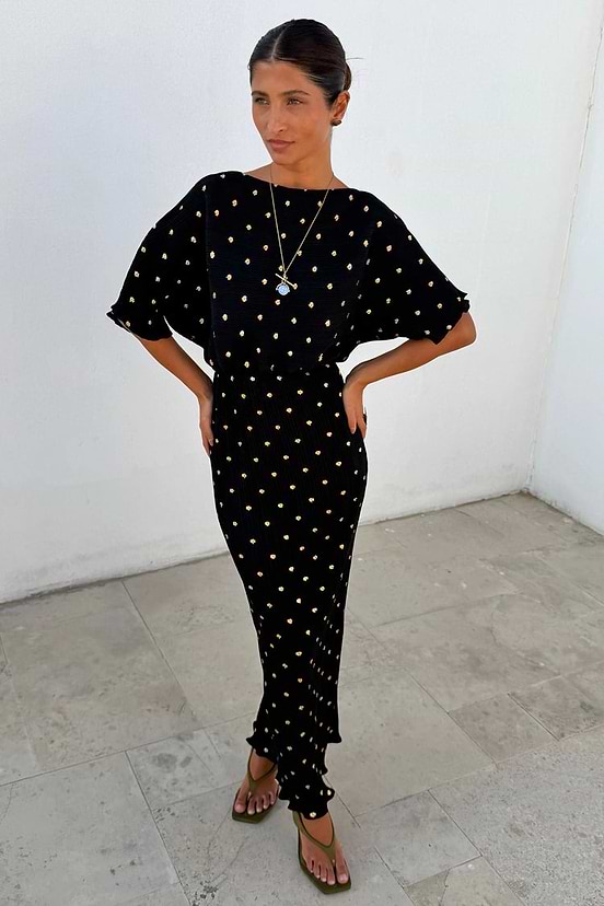 black tilly plisse dress with gold fleck Never Fully Dressed Tilly gold fleck plisse mini dress in black